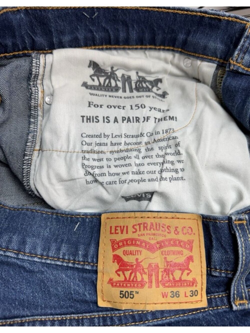 Levis 505 Jeans Men’s 36x30 Blue Regular Straight Leg Denim Medium Wash Stretch - Picture 3 of 10